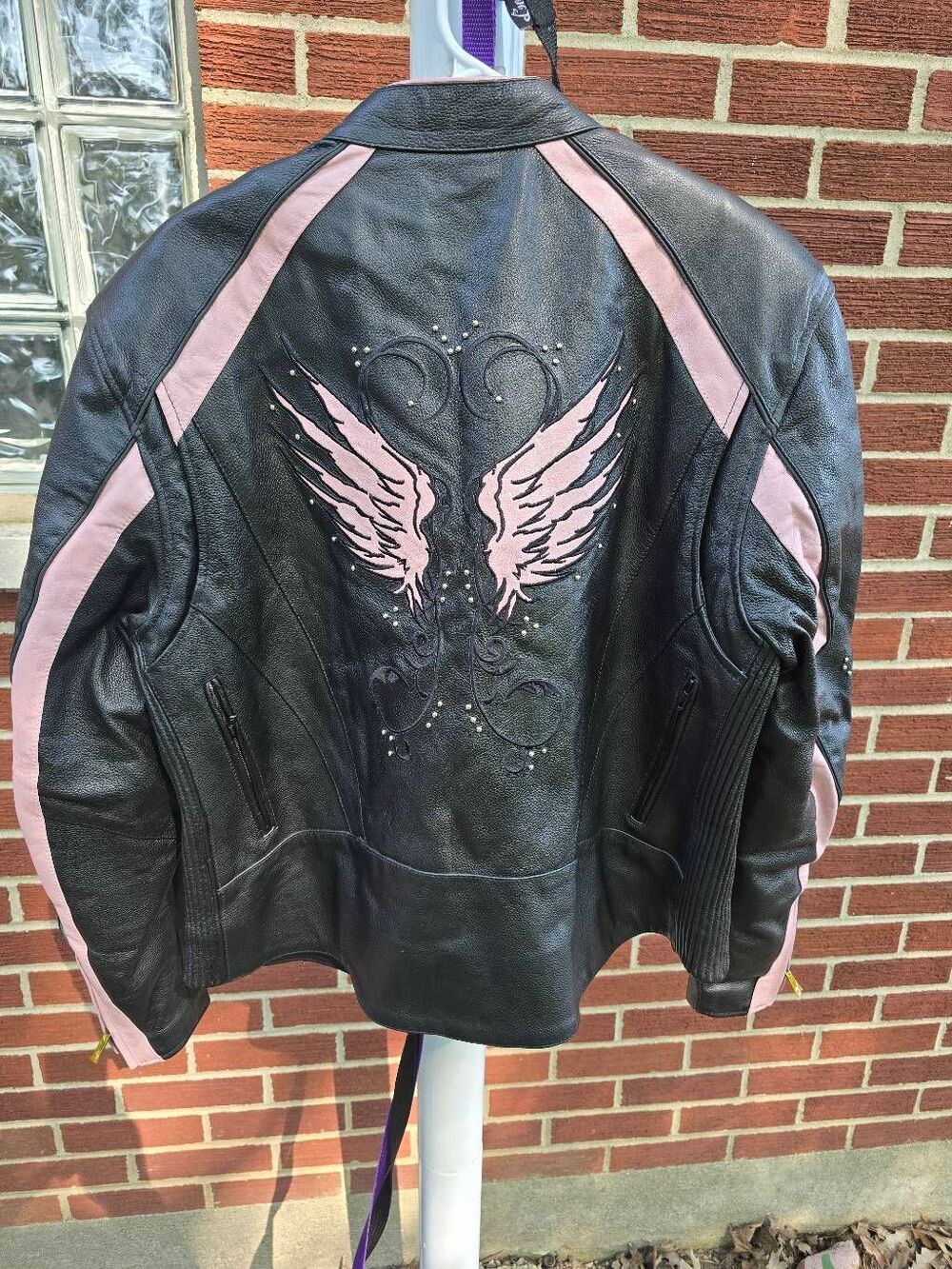 Angel Wings Black And Pink Leather Women's Motorcycle Jacket w/ Rivet Detailing